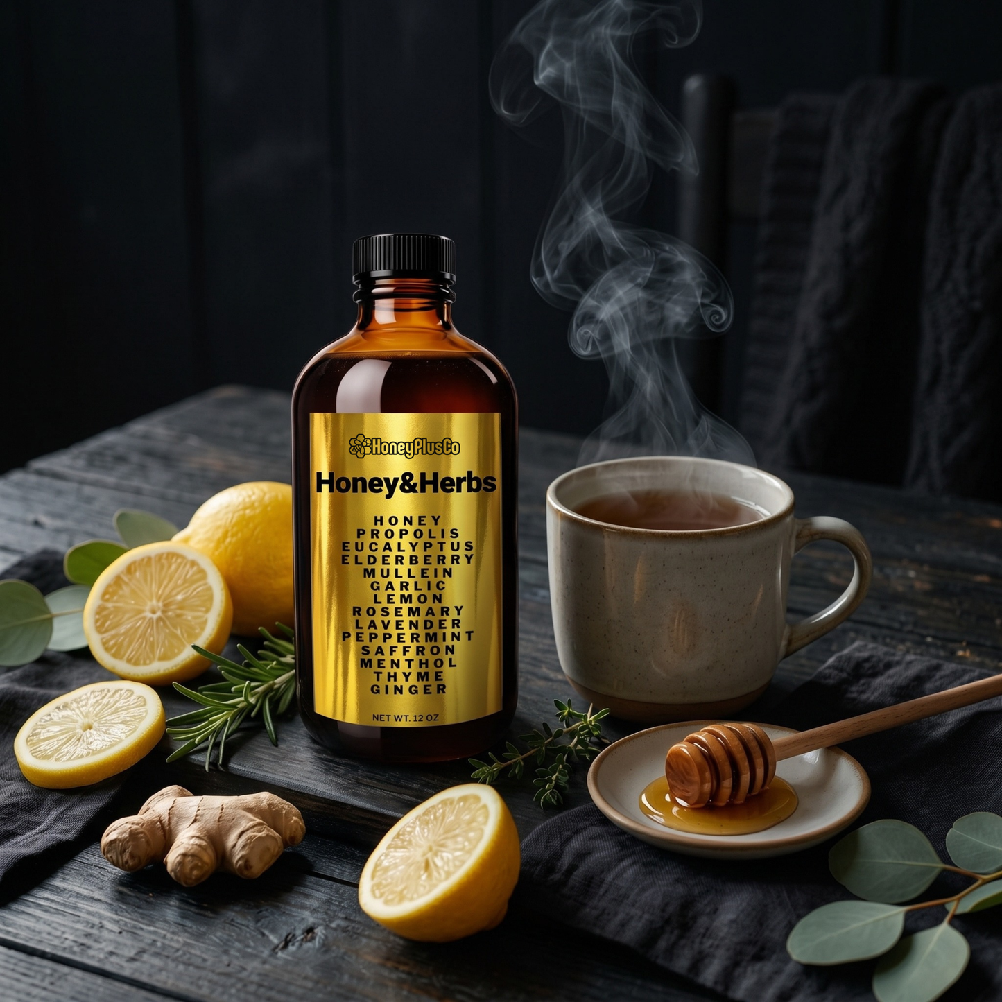 HoneyPlusCo | Honey&Herbs - Raw Honey with Propolis, Eucalyptus, Lemon, Garlic, +More