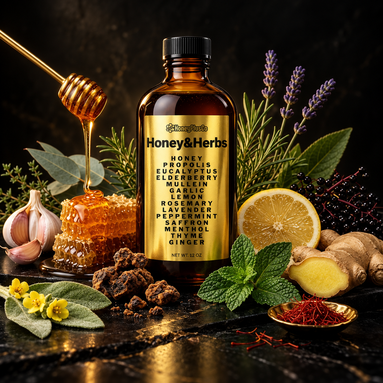 HoneyPlusCo | Honey&Herbs - Raw Honey with Propolis, Eucalyptus, Lemon, Garlic, +More